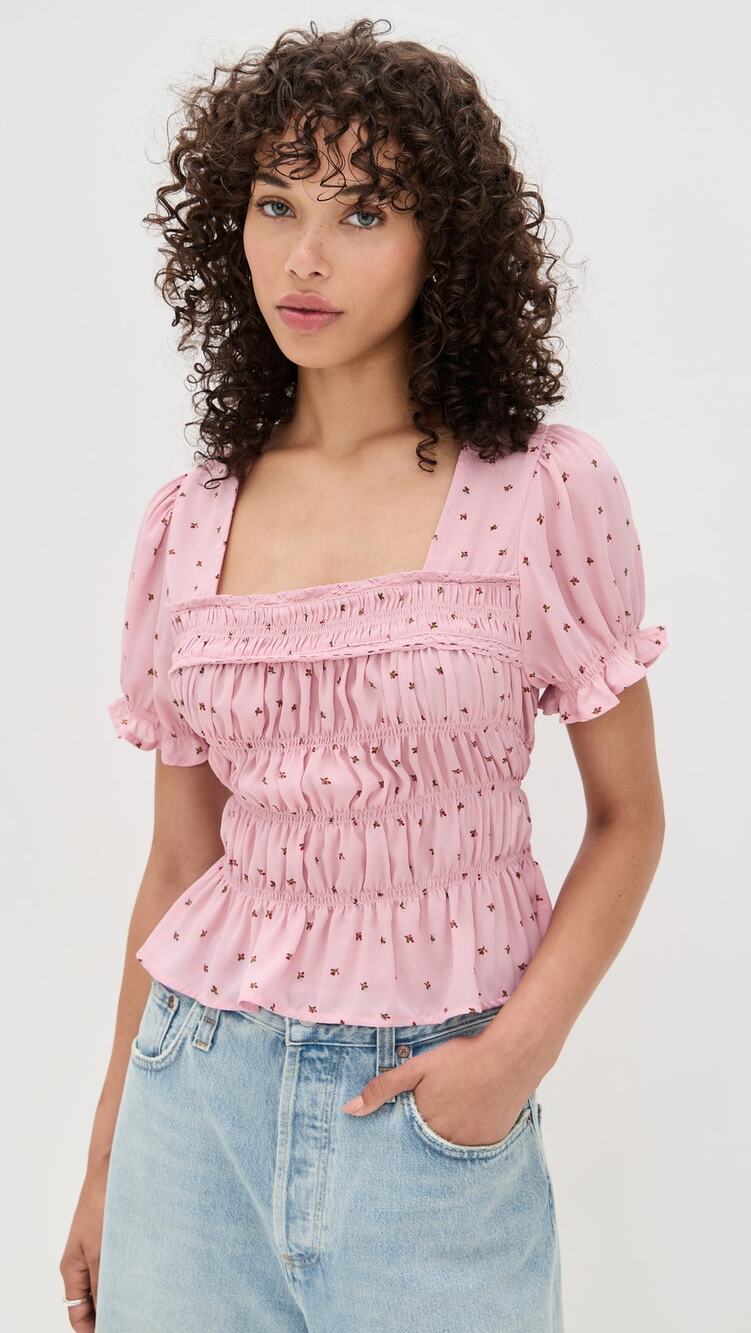 Free People NWT Adore You Smocked Peplum Blouse Pink Mauve Puff Sleeve M